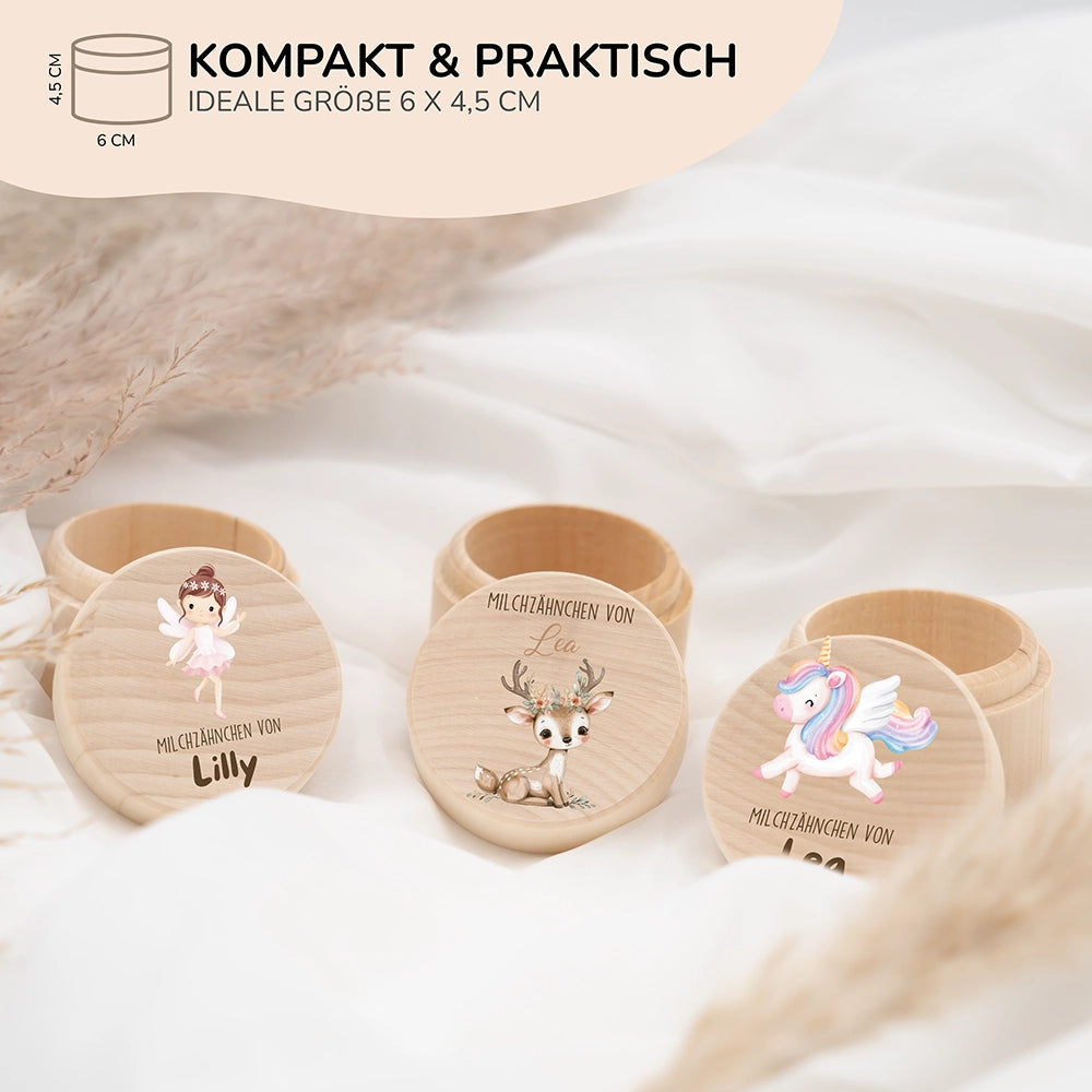 Zahndose Milchzähne personalisiert - süßem Reh Motiv
