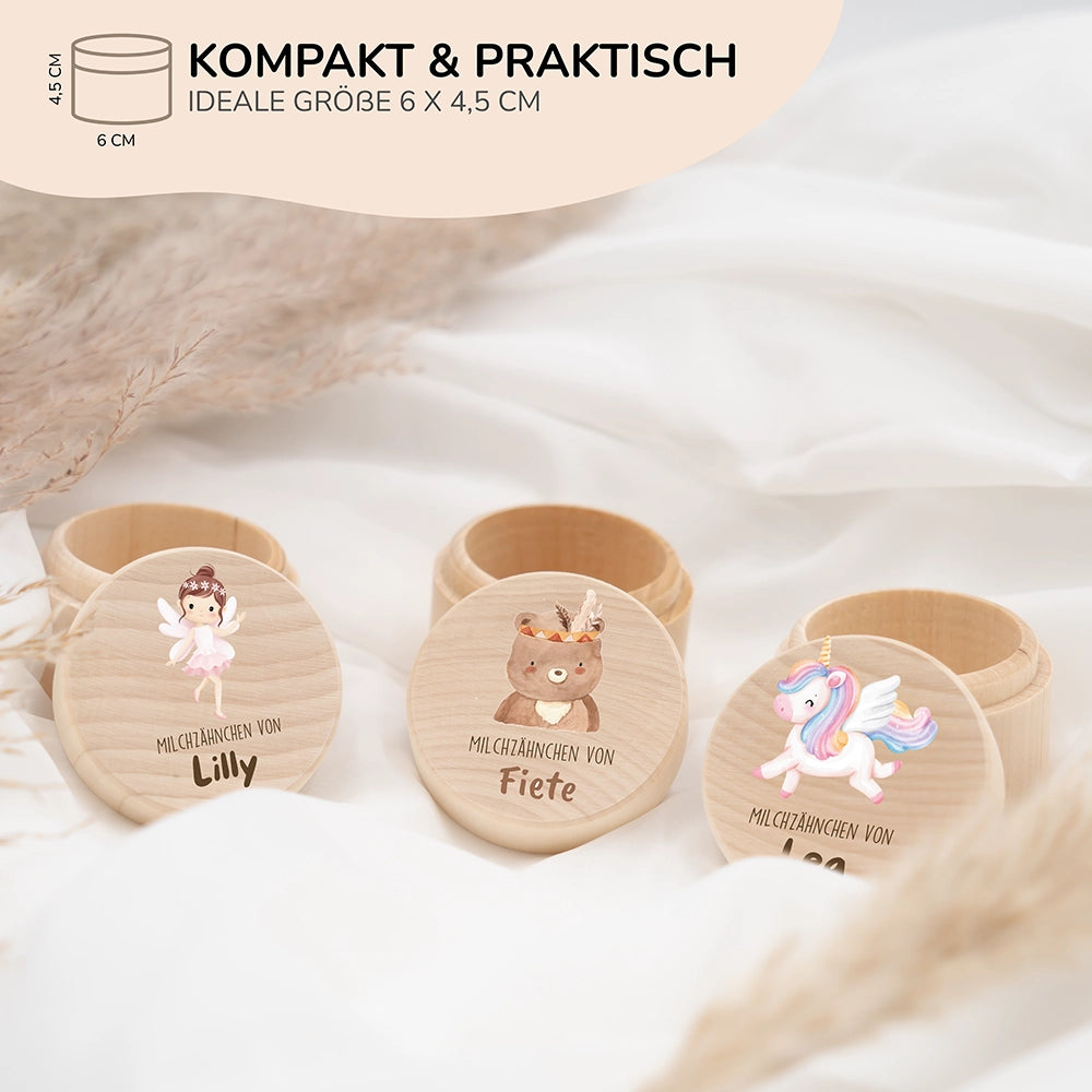 Zahndose Milchzähne personalisiert - Holz Zahnbox mit Wunschnamen - Bohor Bär Motiv