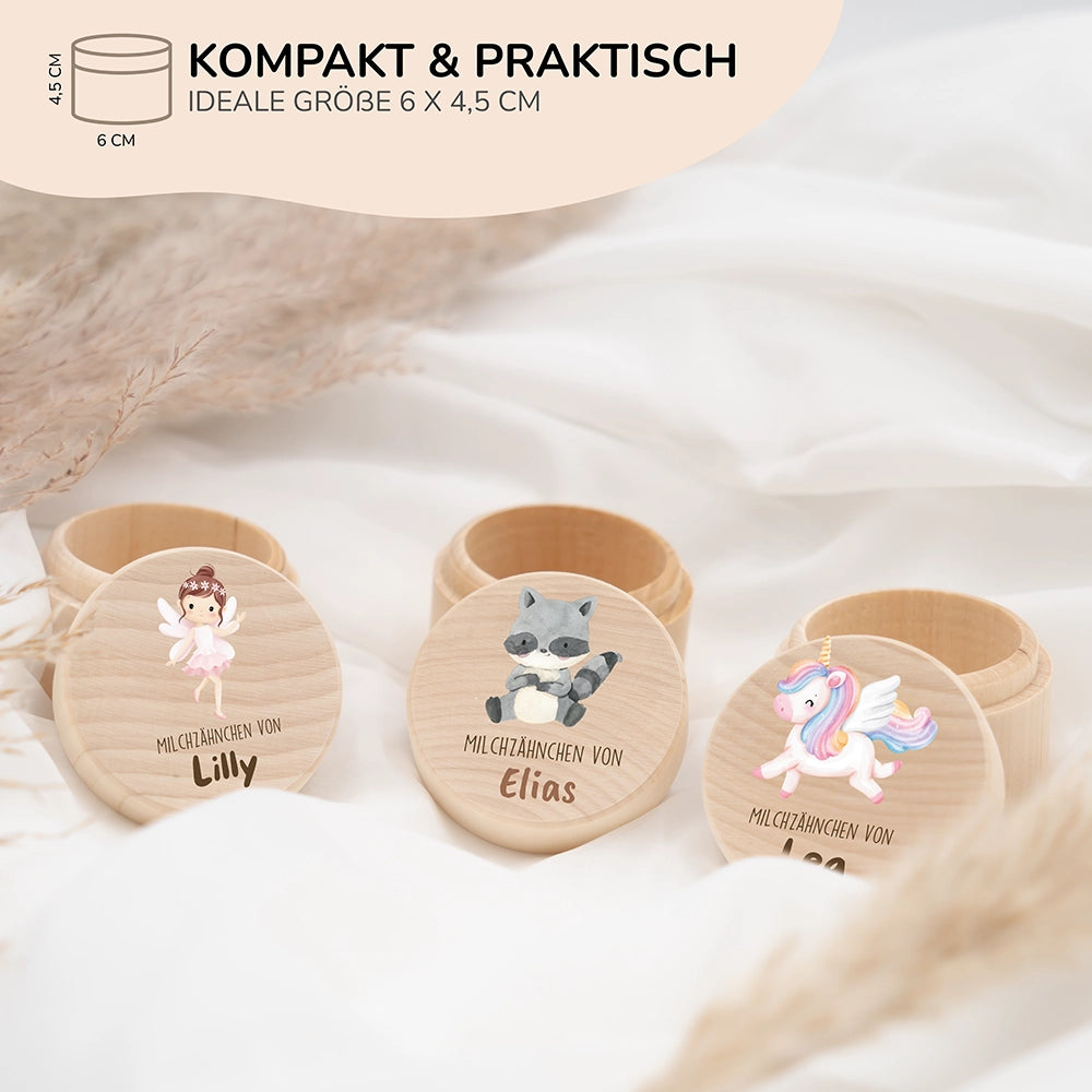 Zahndose Milchzähne personalisiert - Holz Zahnbox mit Wunschnamen - Waschbär Motiv
