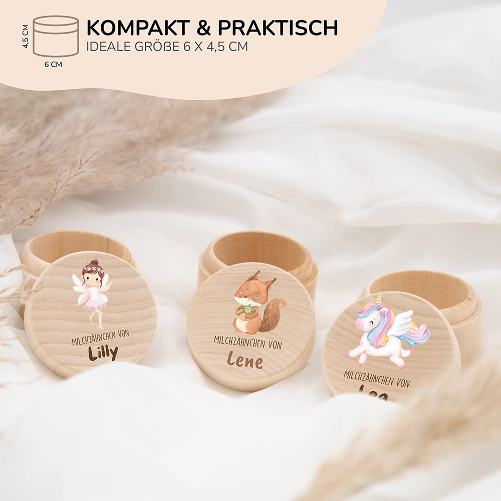 Zahndose Milchzähne personalisiert - Holz Zahnbox mit Wunschnamen - Eichhörnchen Motiv