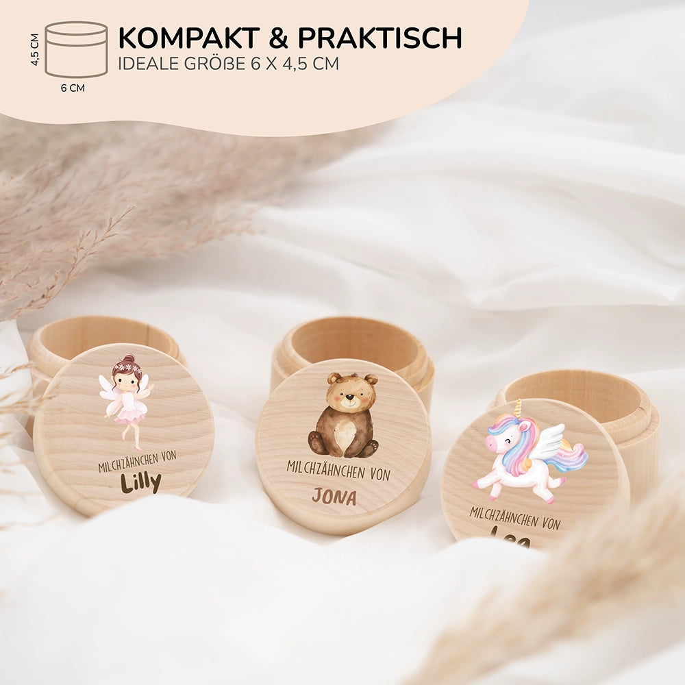 Zahndose Milchzähne personalisiert - Holz Zahnbox mit Wunschnamen - Bär Motiv