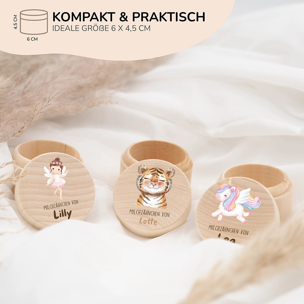 Zahndose Milchzähne personalisiert - Holz Zahnbox mit Wunschnamen - Baby Tiger
