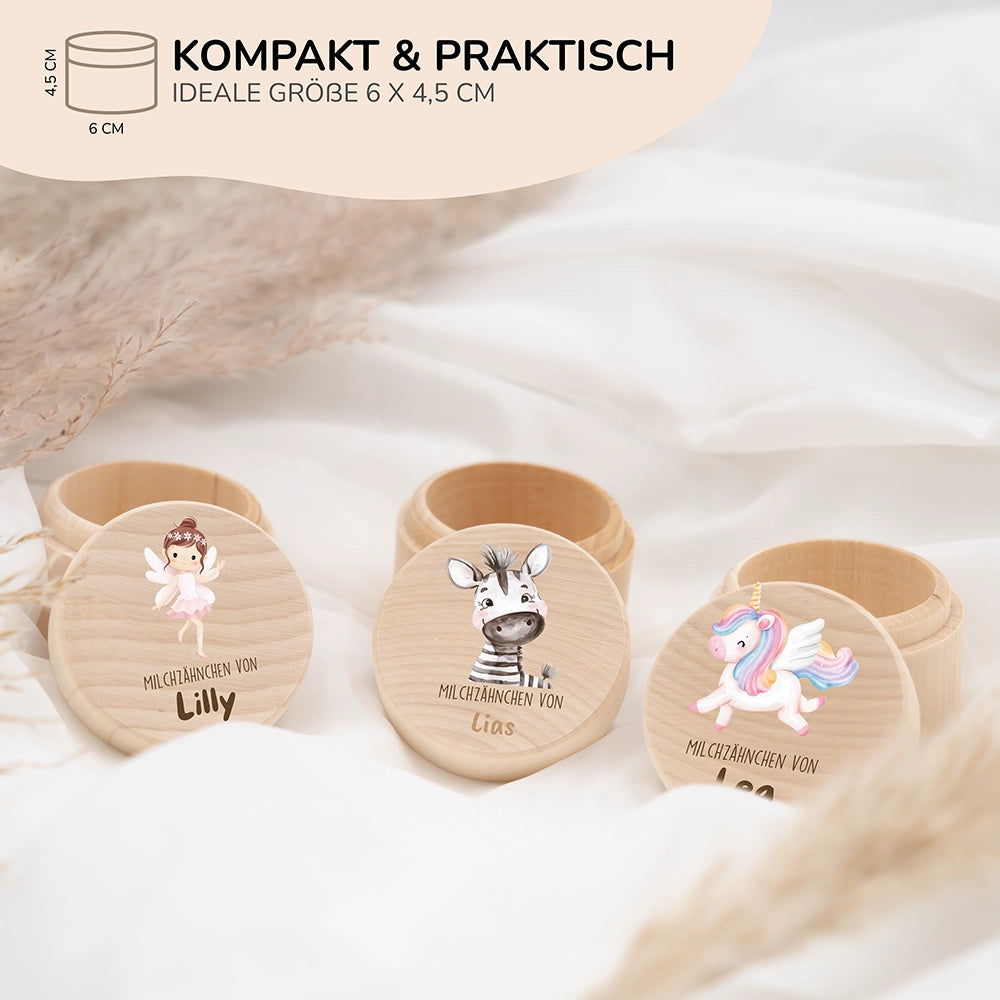 Zahndose Milchzähne personalisiert - Holz Zahnbox mit Wunschnamen - Zebra