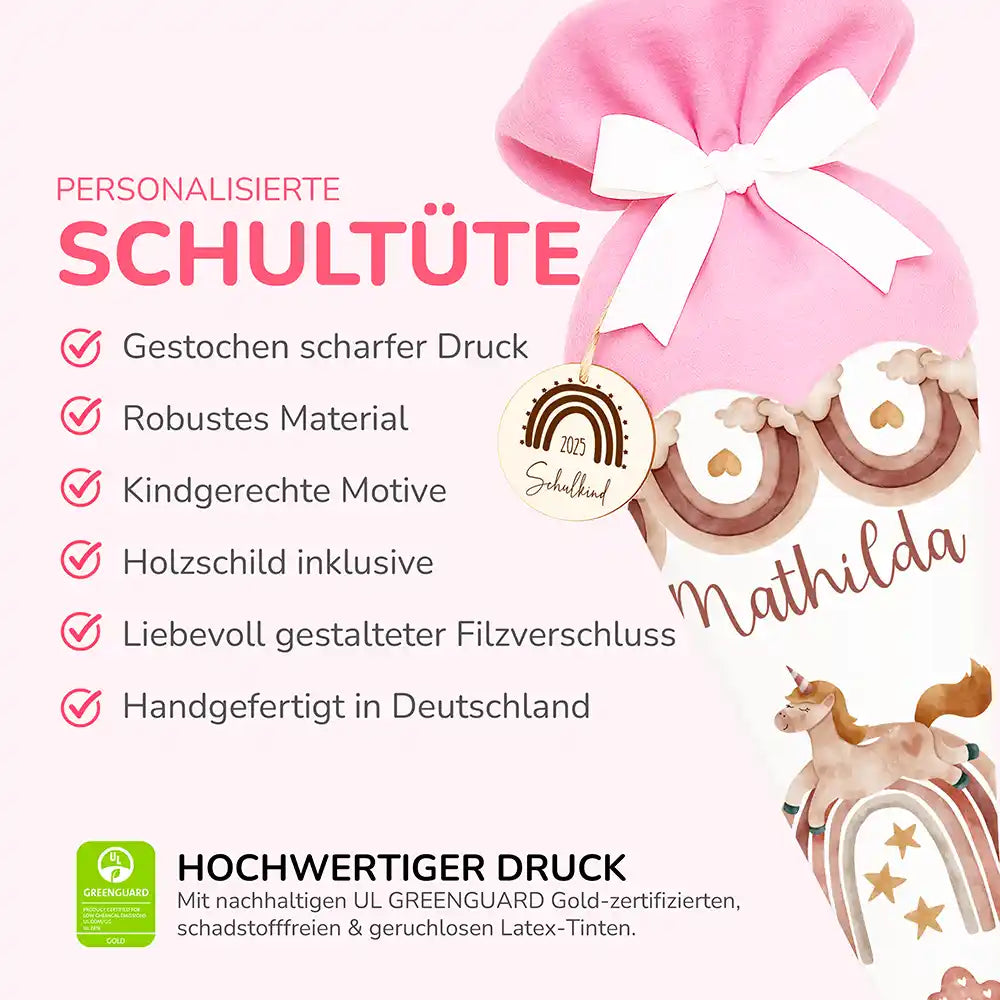 Personalisierte Schultüte mit Namen - Einhorn Boho Regenbogen & Wolken