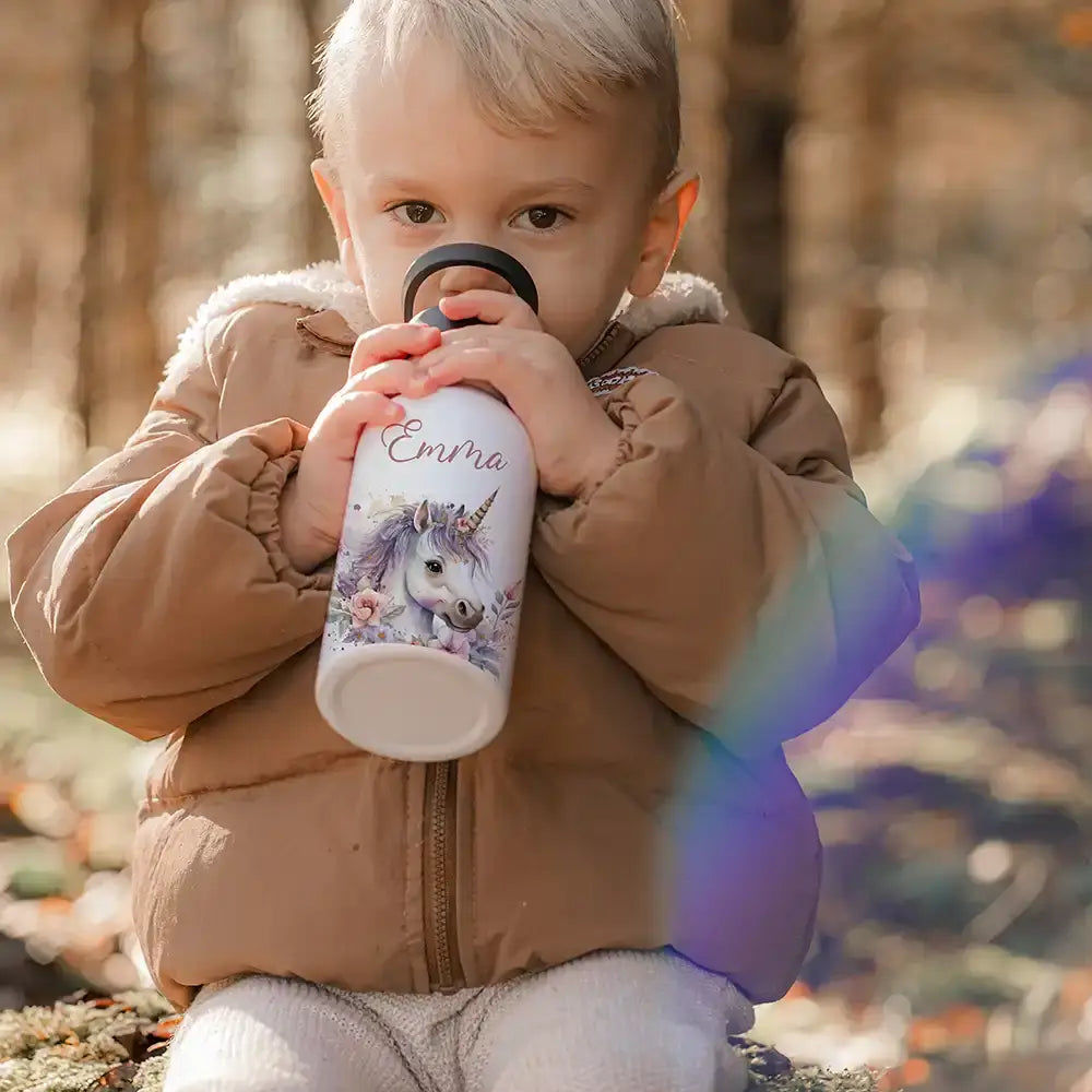 Trinkflasche Kinder Edelstahl - Einhorn mit Blüten