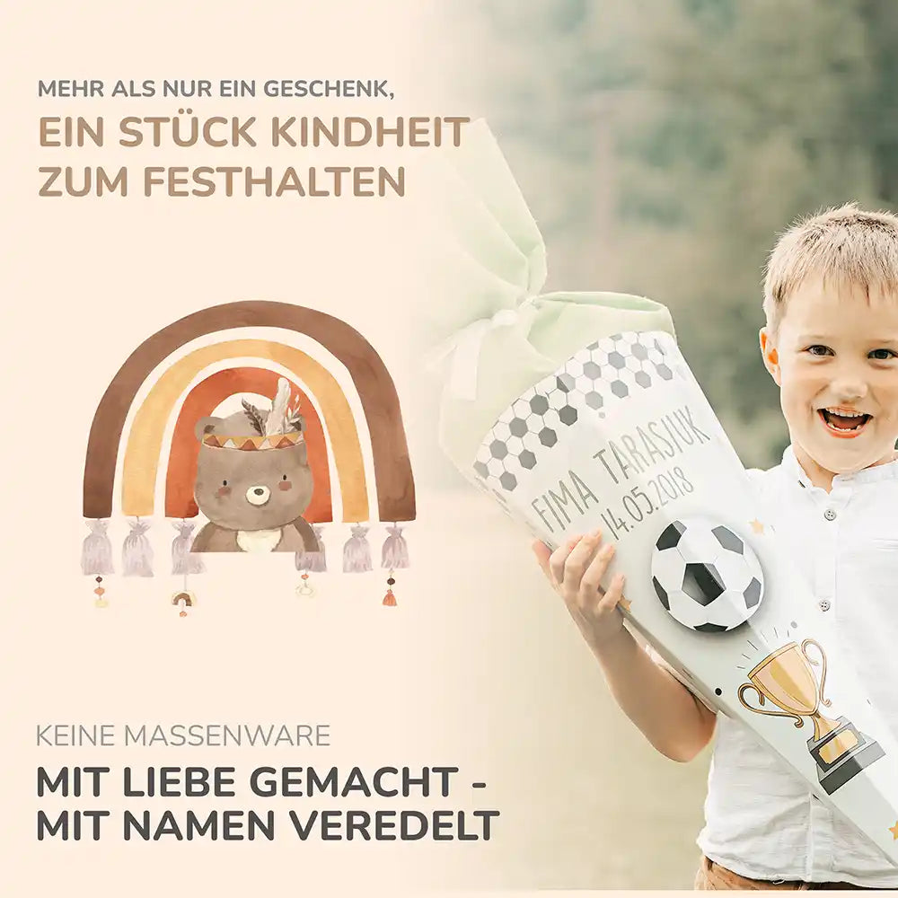 Personalisierte Schultüte mit Namen - Bär Boho Regenbogen