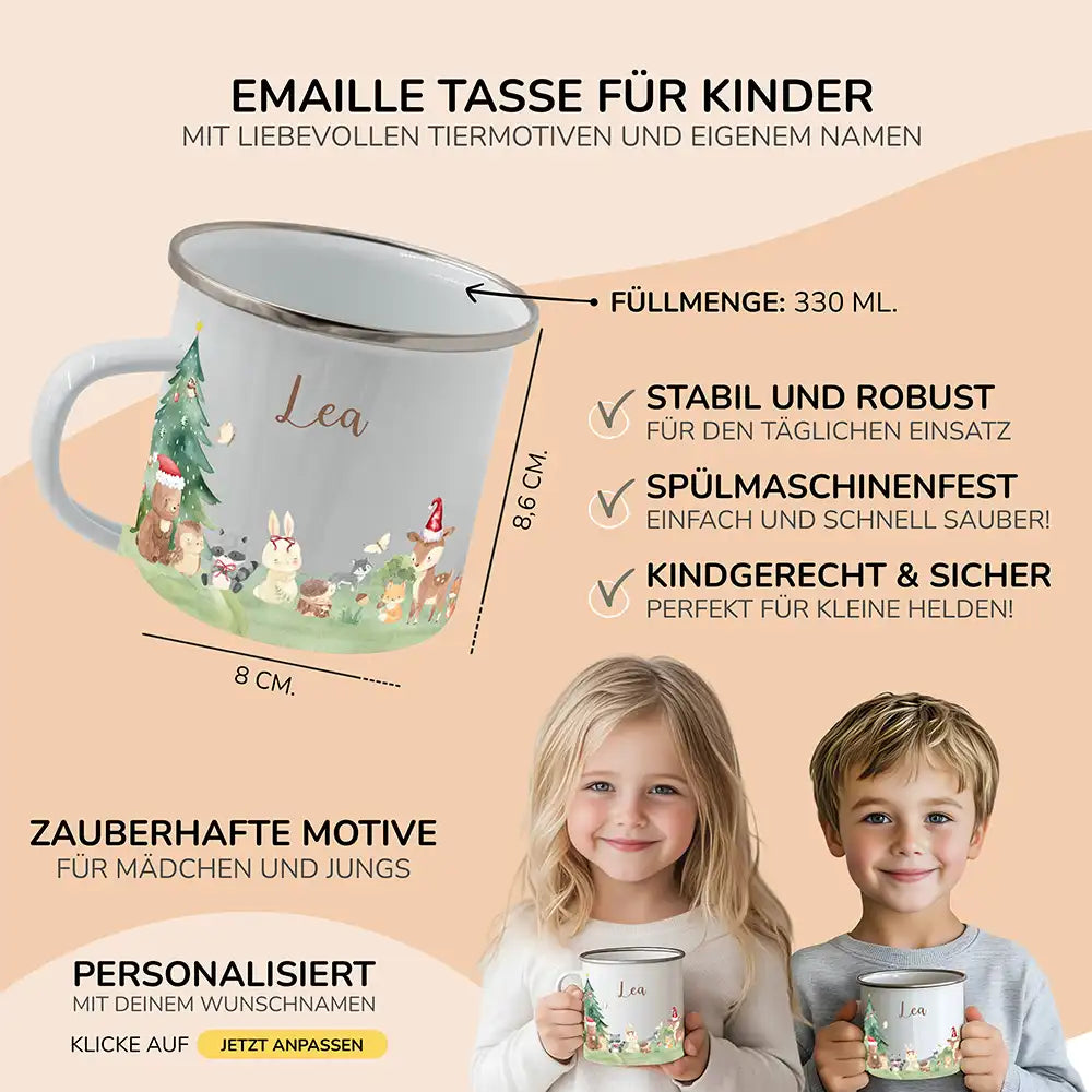 Emaille Tasse personalisiert Weihnachten - Niedliche Waldtiere