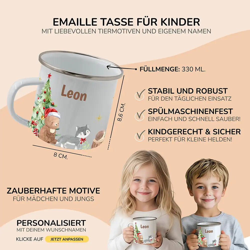 Emaille Tasse personalisiert Weihnachten - Bär und Waschbär