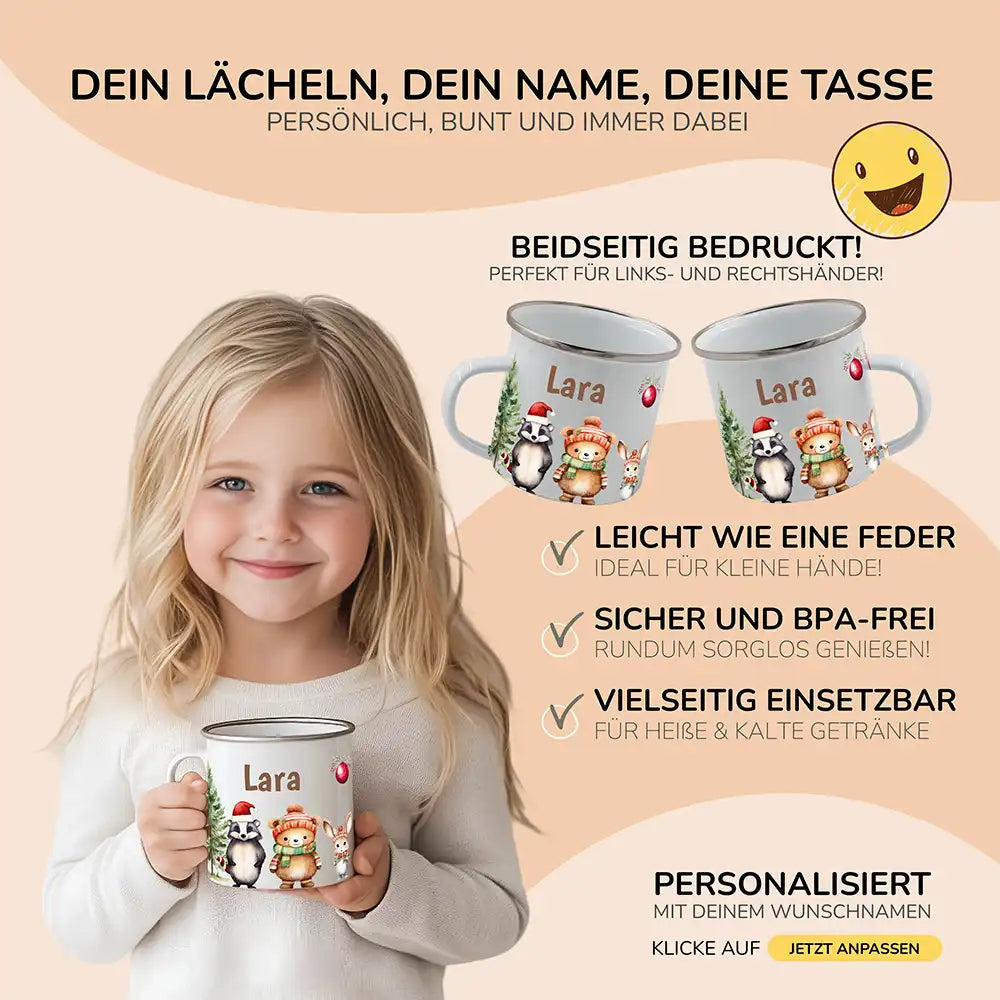 Emaille Tasse personalisiert Weihnachten - Süße Tiere