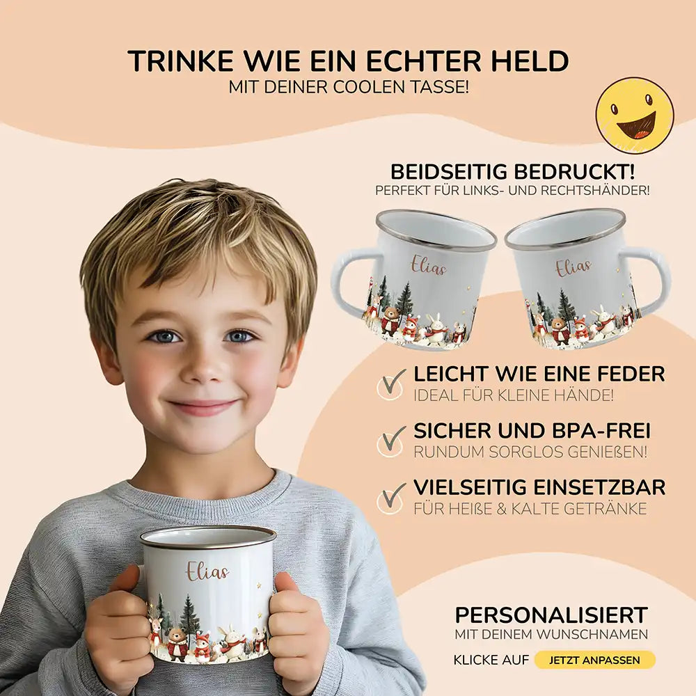 Emaille Tasse personalisiert Weihnachten - Winter Tiere
