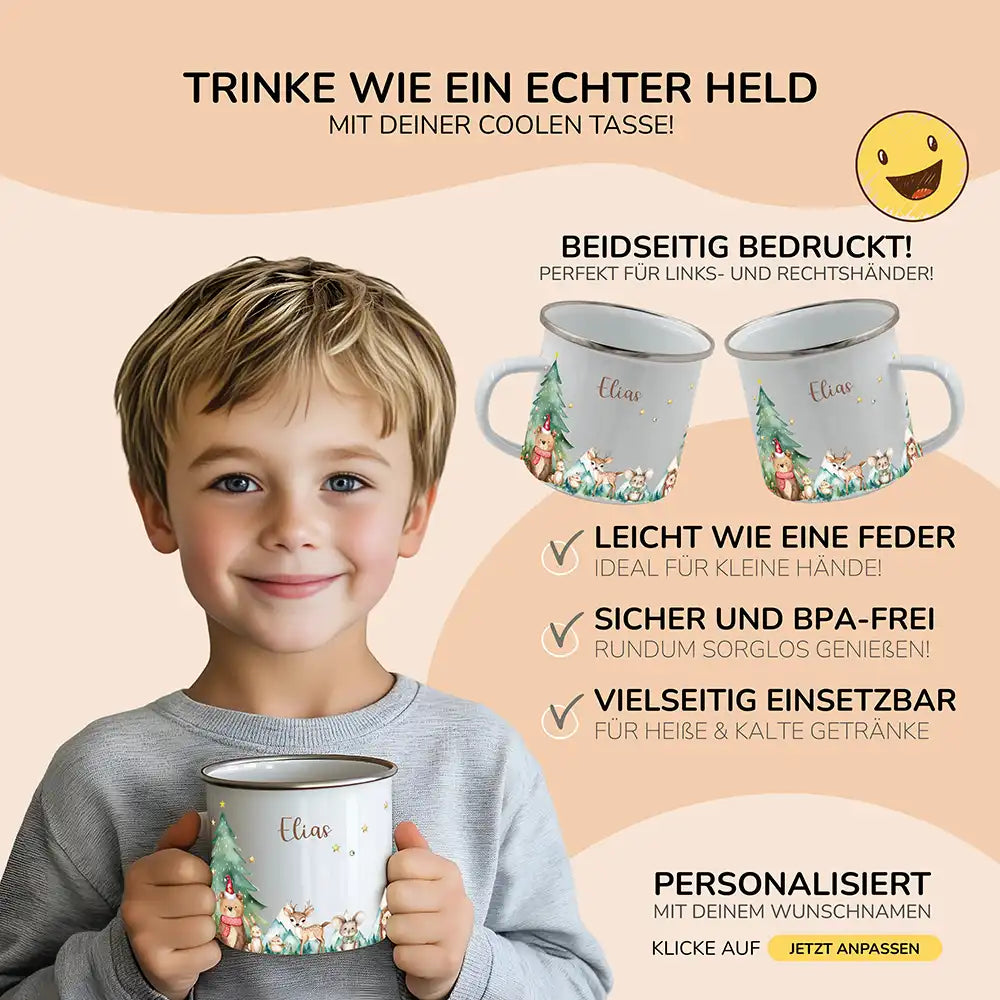 Emaille Tasse personalisiert Weihnachten - Frohe Waldtiere