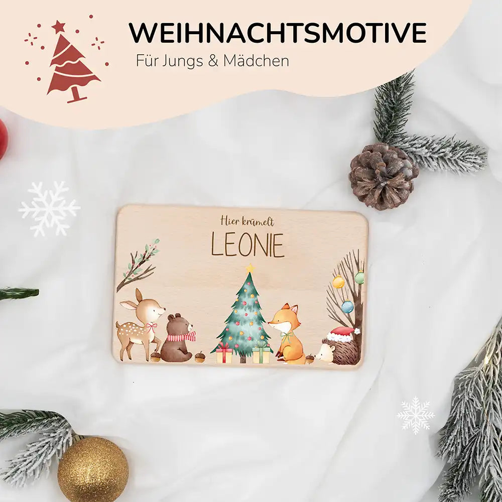 Frühstücksbrettchen Weihnachten Waldtiere um den Weihnachtsbaum - Geschenk Weihnachten