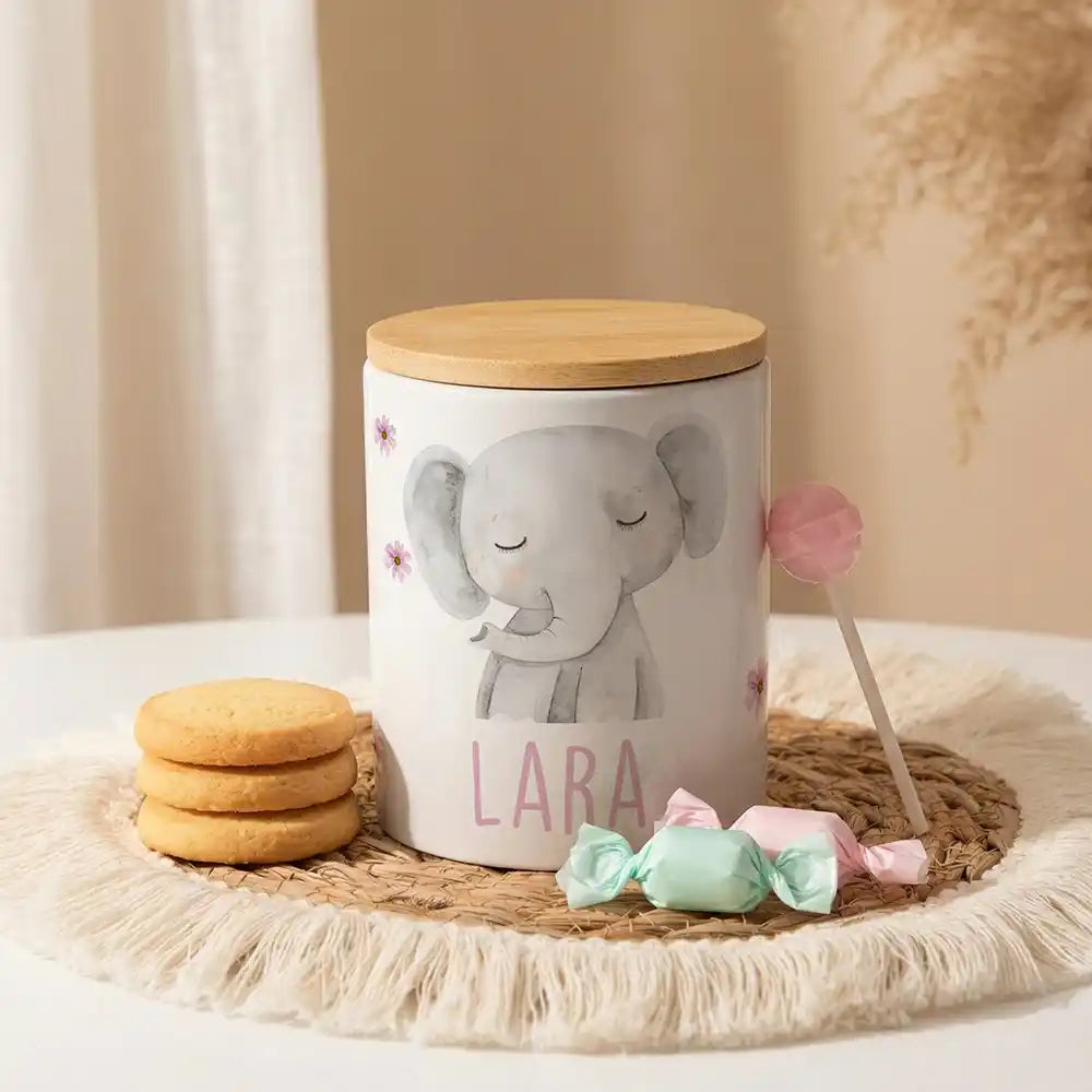 Personalisierte Keksdose Elefant Blumen aus Keramik mit Bambusdeckel - Wunschname - kadsmood.com