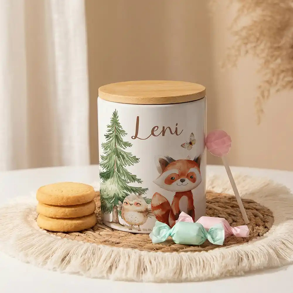 Personalisierte Keksdose Roter Panda & Eule aus Keramik mit Bambusdeckel - Wunschname - kadsmood.com