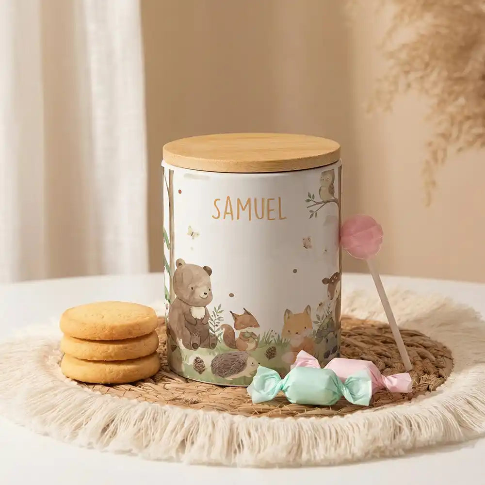 Personalisierte Keksdose Waldfreunde I aus Keramik mit Bambusdeckel - Wunschname - kadsmood.com