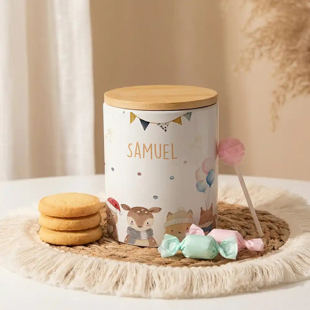 Personalisierte Keksdose Waldtiere Geburtstag aus Keramik mit Bambusdeckel - Wunschname - kadsmood.com