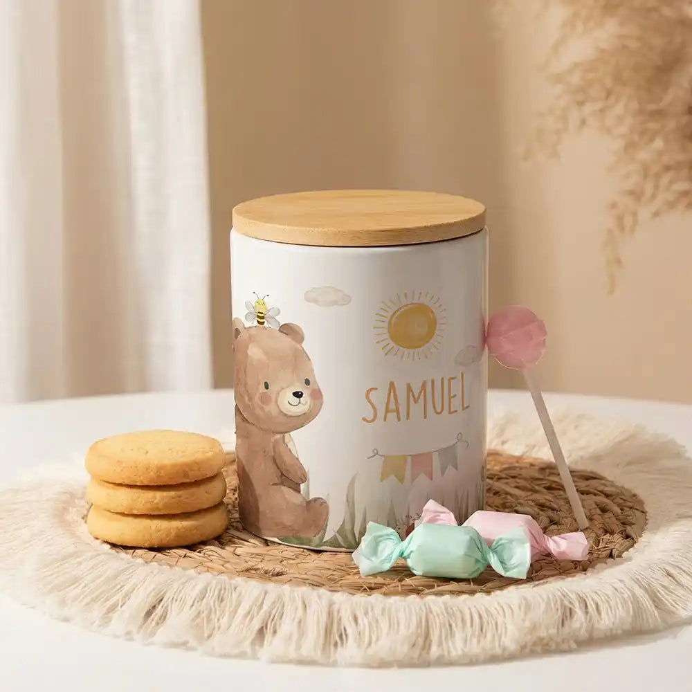 Personalisierte Keksdose Bär Sommer aus Keramik mit Bambusdeckel - Wunschname - kadsmood.com