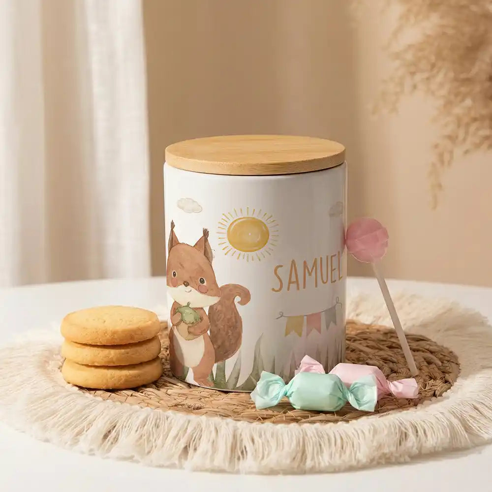 Personalisierte Keksdose Eichhörnchen Sommer aus Keramik mit Bambusdeckel - Wunschname - kadsmood.com