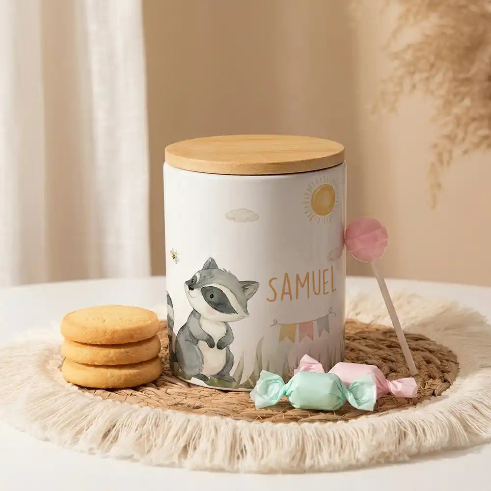 Personalisierte Keksdose Waschbär Sommer aus Keramik mit Bambusdeckel - Wunschname - kadsmood.com