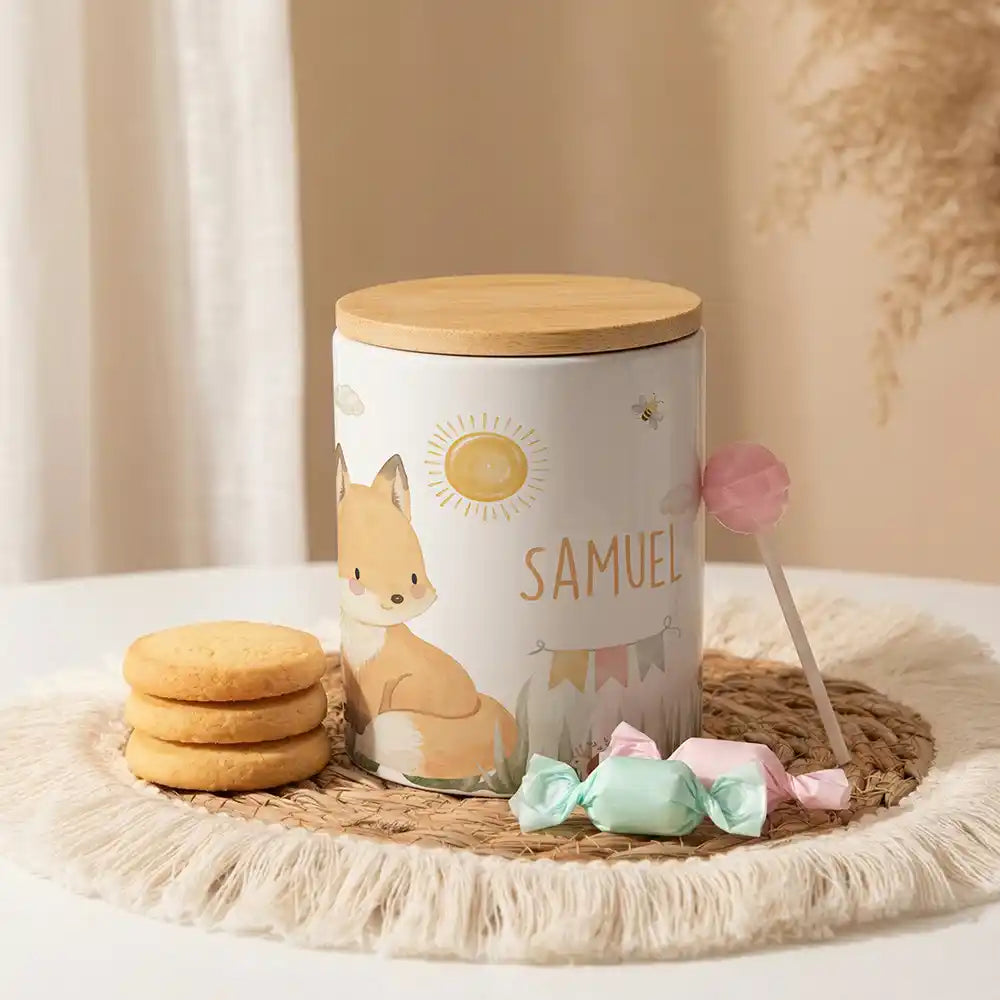 Personalisierte Keksdose Fuchs Sommer aus Keramik mit Bambusdeckel - Wunschname - kadsmood.com
