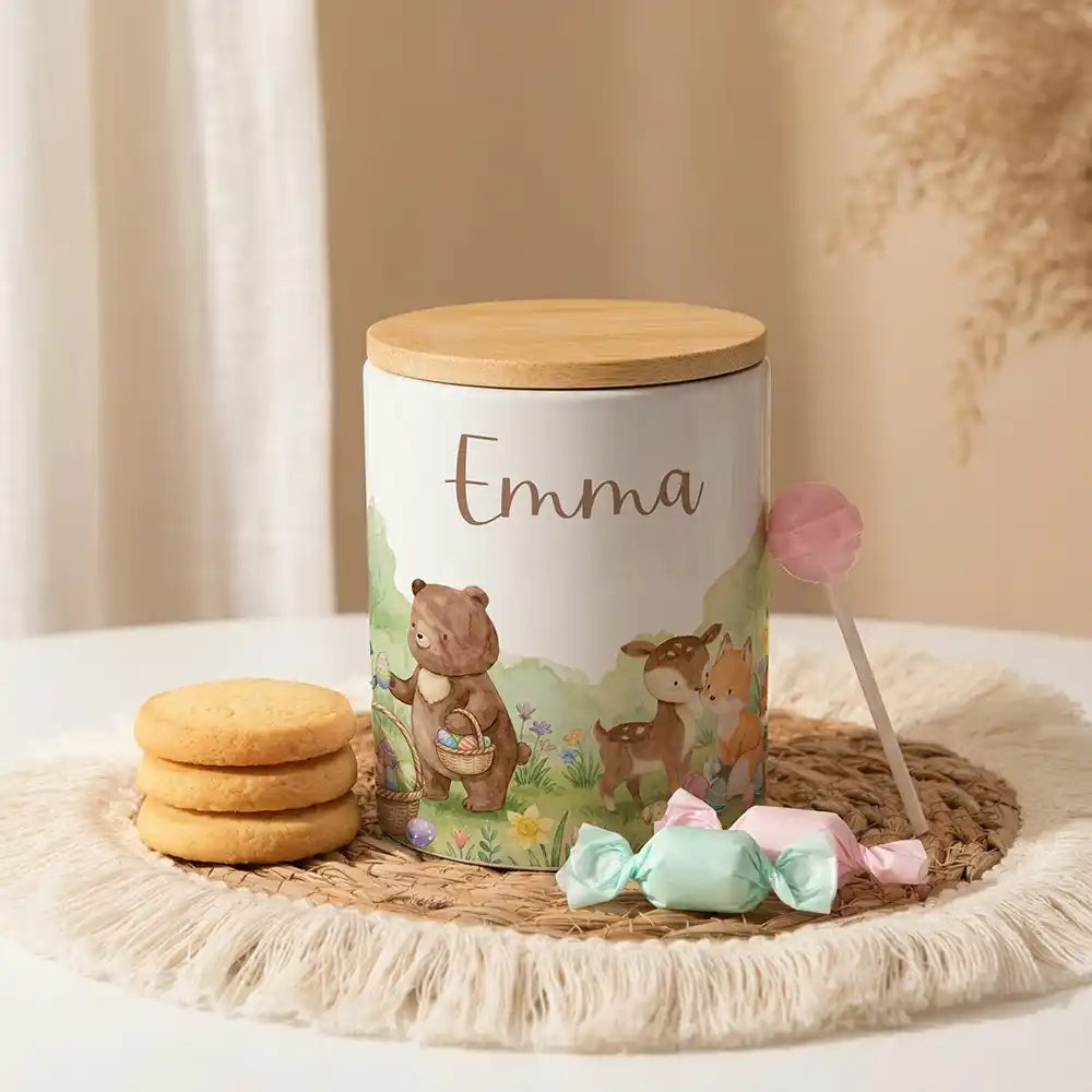 Personalisierte Keksdose Ostern Bärenfamilie aus Keramik mit Bambusdeckel - Wunschname - kadsmood.com