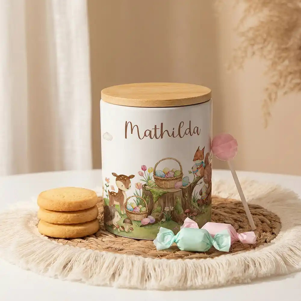 Personalisierte Keksdose Ostern Rehkitz aus Keramik mit Bambusdeckel - Wunschname - kadsmood.com