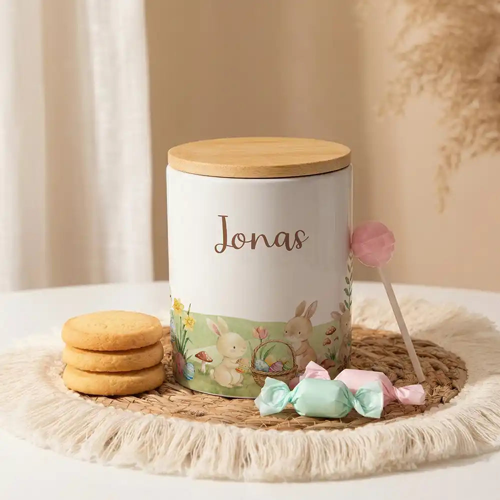 Personalisierte Keksdose Ostern Hasen aus Keramik mit Bambusdeckel - Wunschname - kadsmood.com