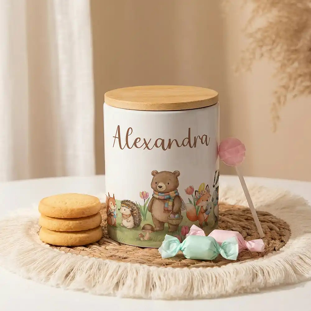 Personalisierte Keksdose Herbst-Waldtiere aus Keramik mit Bambusdeckel - Wunschname - kadsmood.com