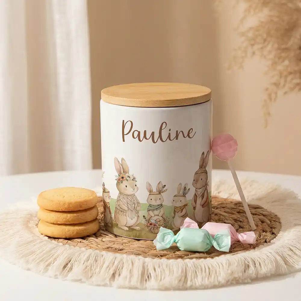 Personalisierte Keksdose Boho-Hasen aus Keramik mit Bambusdeckel - Wunschname - kadsmood.com