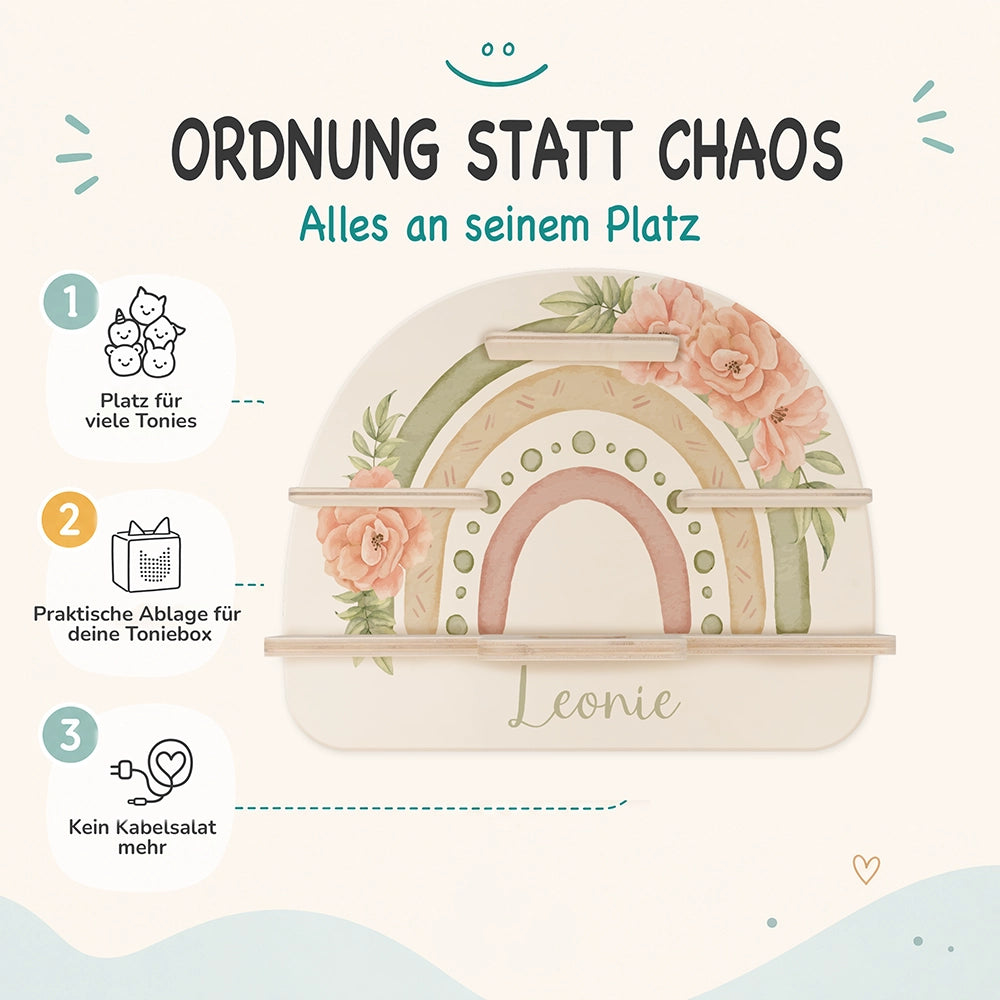Tonie Regal aus Holz, Toniebox Regal personalisiert Grüner Regenbogen