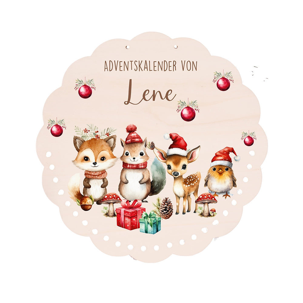 Personalisierter runder Adventskalender Kinder aus Holz  - Tierische Weihnachtsfeier