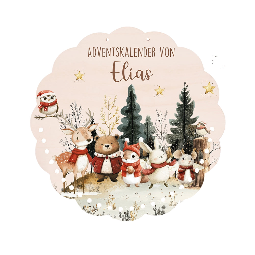 Personalisierter runder Adventskalender Kinder aus Holz  - Weihnachtsdorf