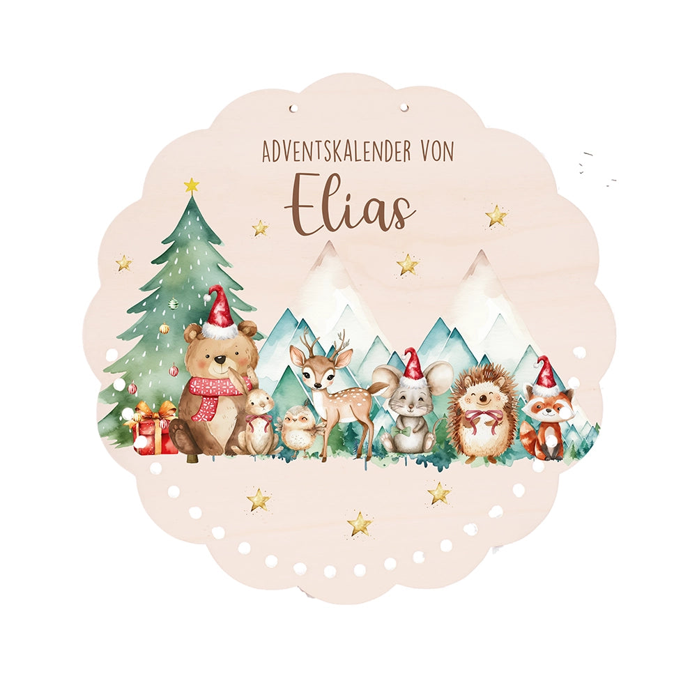 Personalisierter runder Adventskalender Kinder aus Holz  - Winterwald & seine Bewohner
