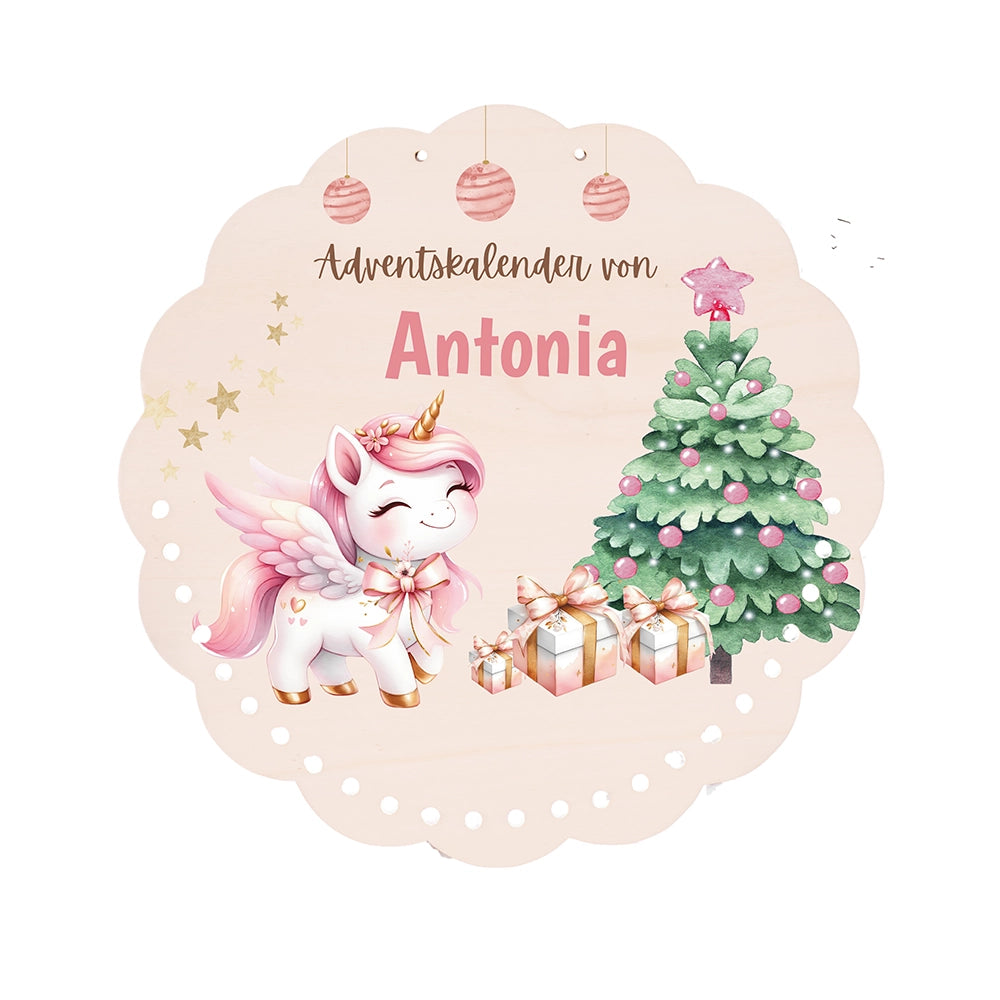 Personalisierter runder Adventskalender Kinder aus Holz  - Baby Einhorn