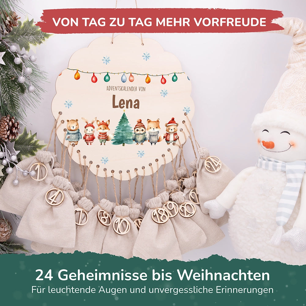 Personalisierter runder Adventskalender Kinder aus Holz  - Niedliche Waldfreunde