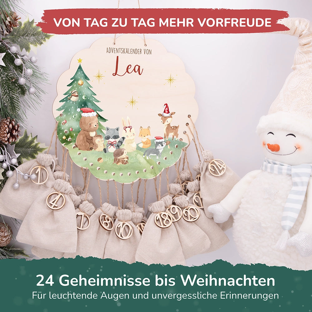 Personalisierter runder Adventskalender Kinder aus Holz  - Niedliche Waldfreunde