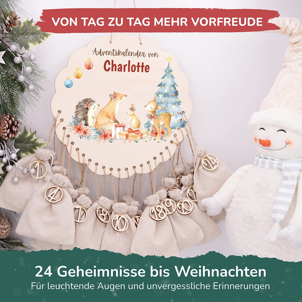 Personalisierter runder Adventskalender Kinder aus Holz  - Winterwaldtiere