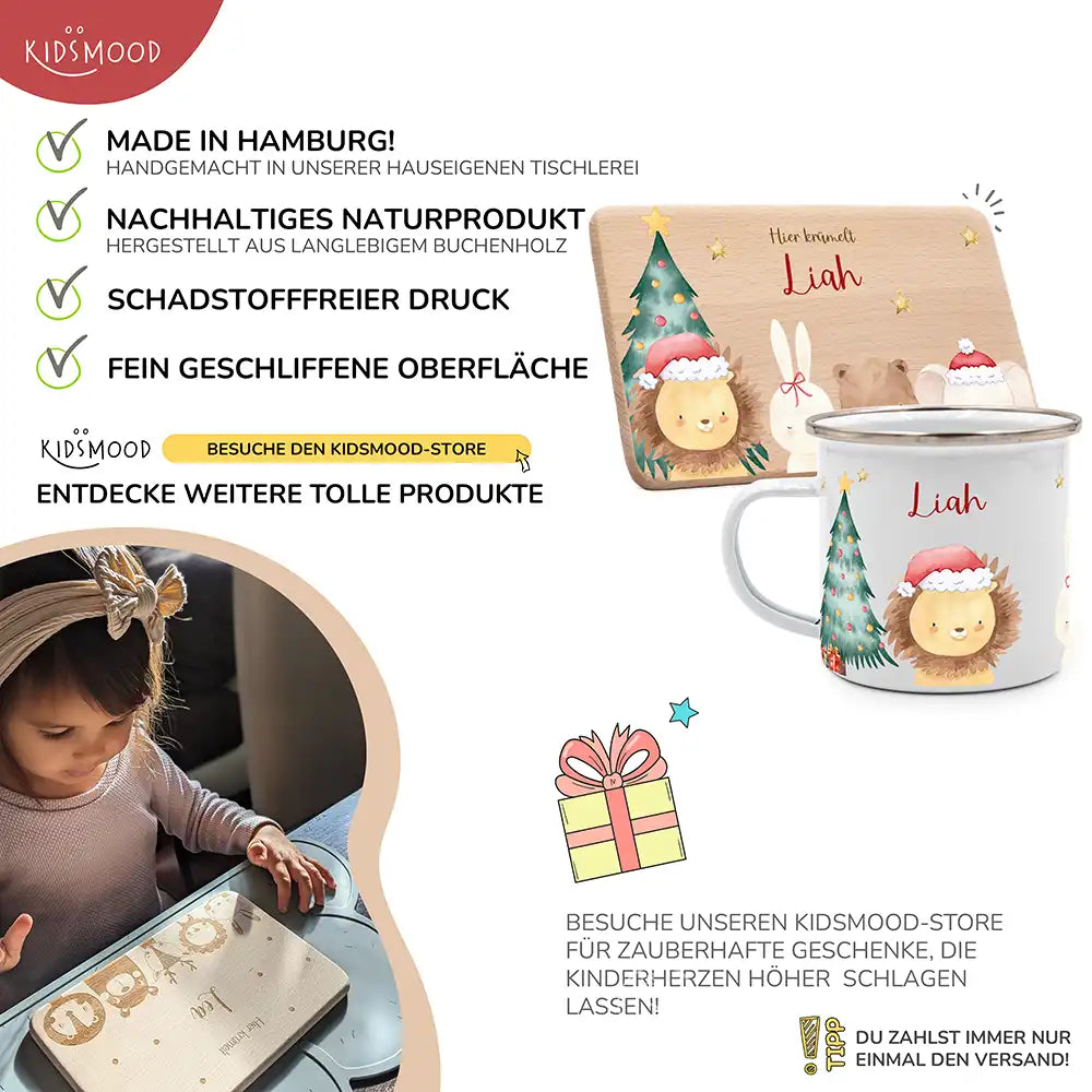 Weihnachts-Set Frühstücksbrettchen + Emaille Tasse - Löwe