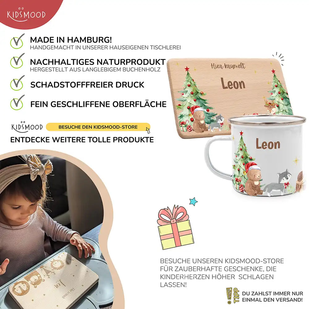 Weihnachts-Set Frühstücksbrettchen und  Emaille Tasse - Niedliche Waldtiere