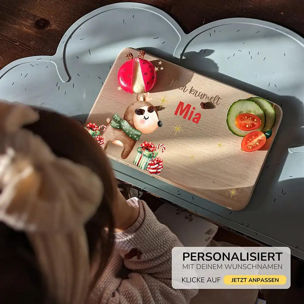 Weihnachts-Set Frühstücksbrettchen + Emaille Tasse - Baby Reh Motiv