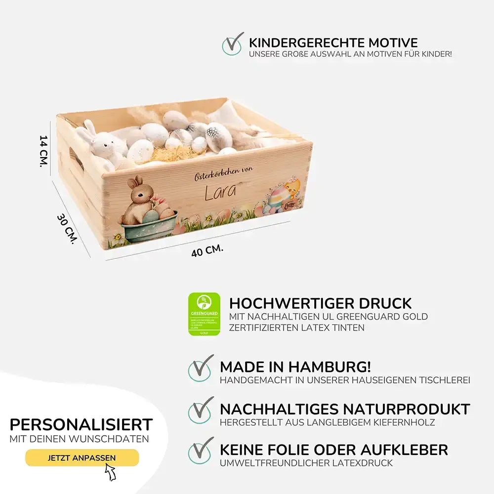 Osterkiste Holz personalisiert - Häschen im Blumenbad