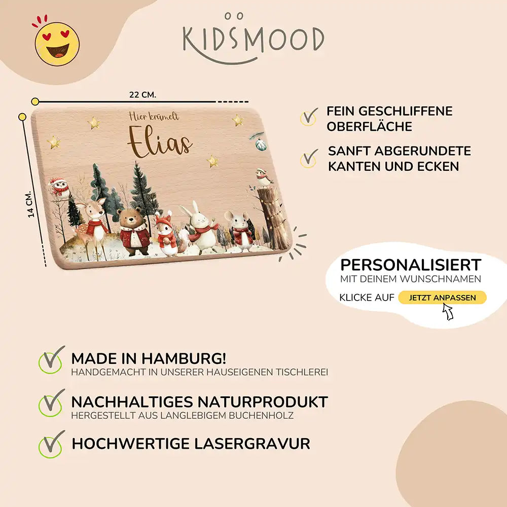 Weihnachts-Set Frühstücksbrettchen + Emaille Tasse - Waldtiere im Wintertraum