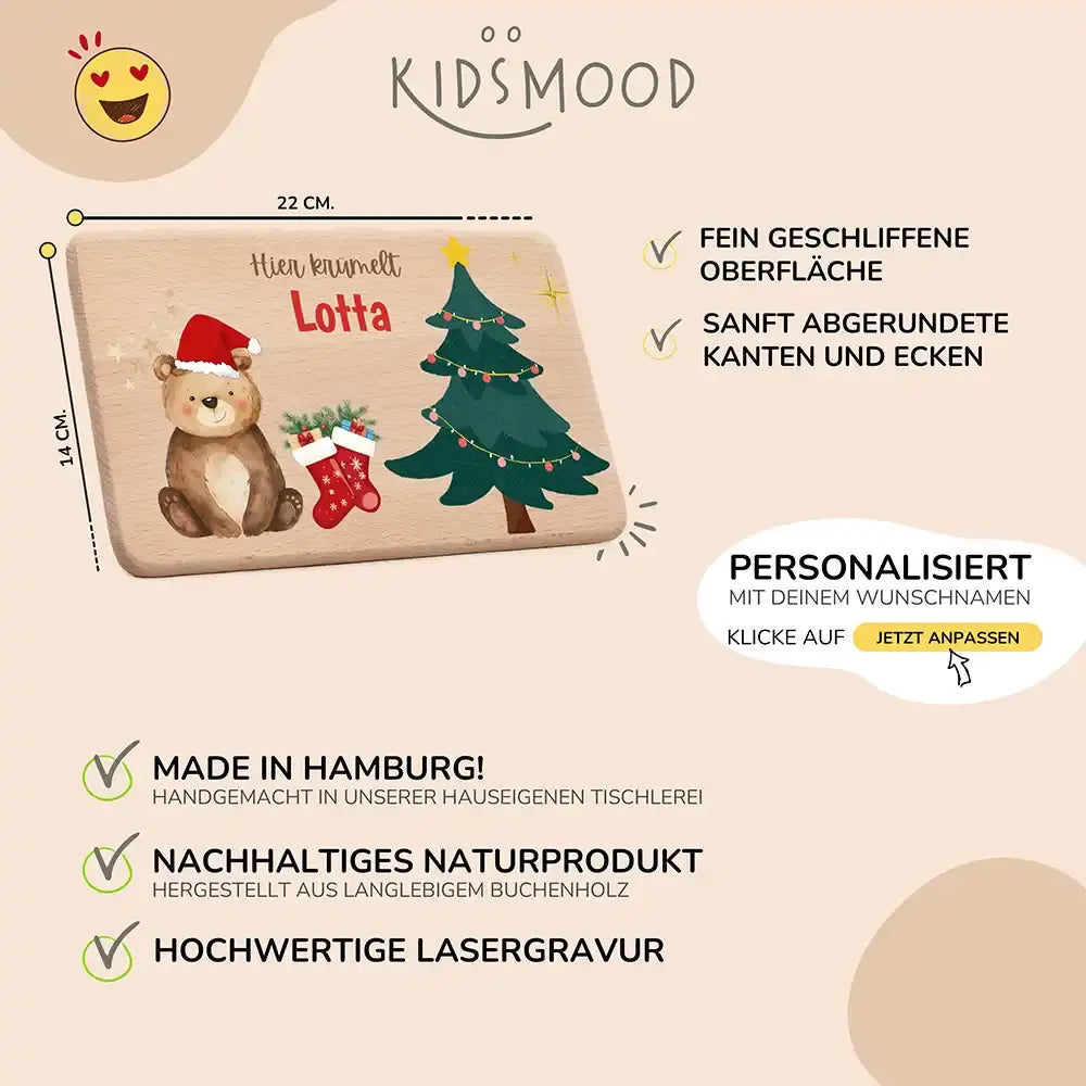 Weihnachts-Set Frühstücksbrettchen + Emaille Tasse - Weihnachtsbär