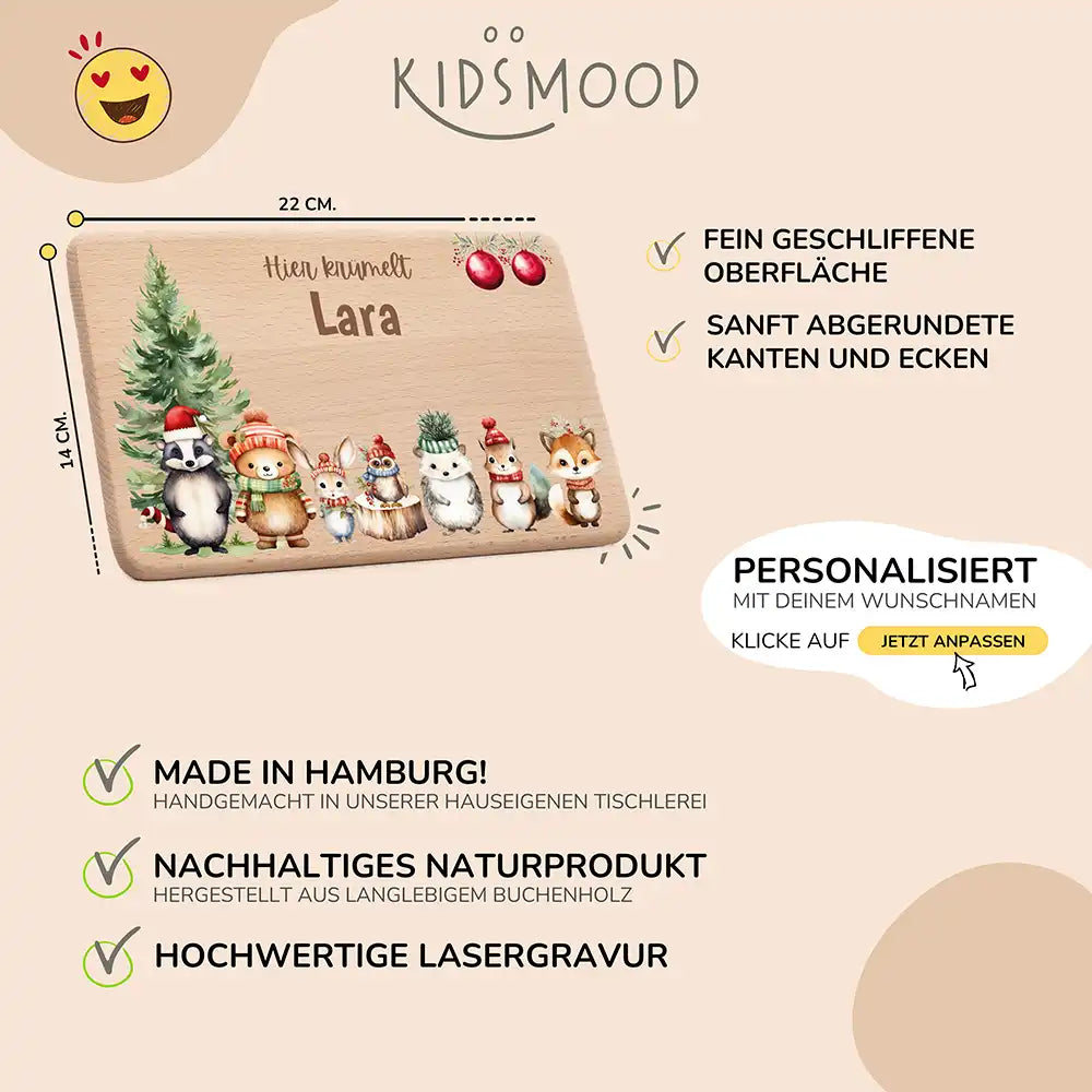 Weihnachts-Set Frühstücksbrettchen und  Emaille Tasse - Niedliche Waldfreunde