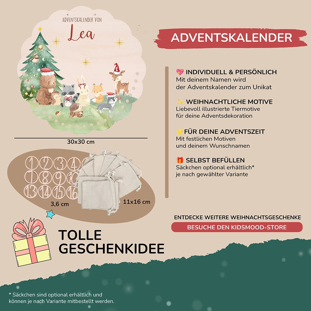 Personalisierter runder Adventskalender Kinder aus Holz  - Niedliche Waldfreunde