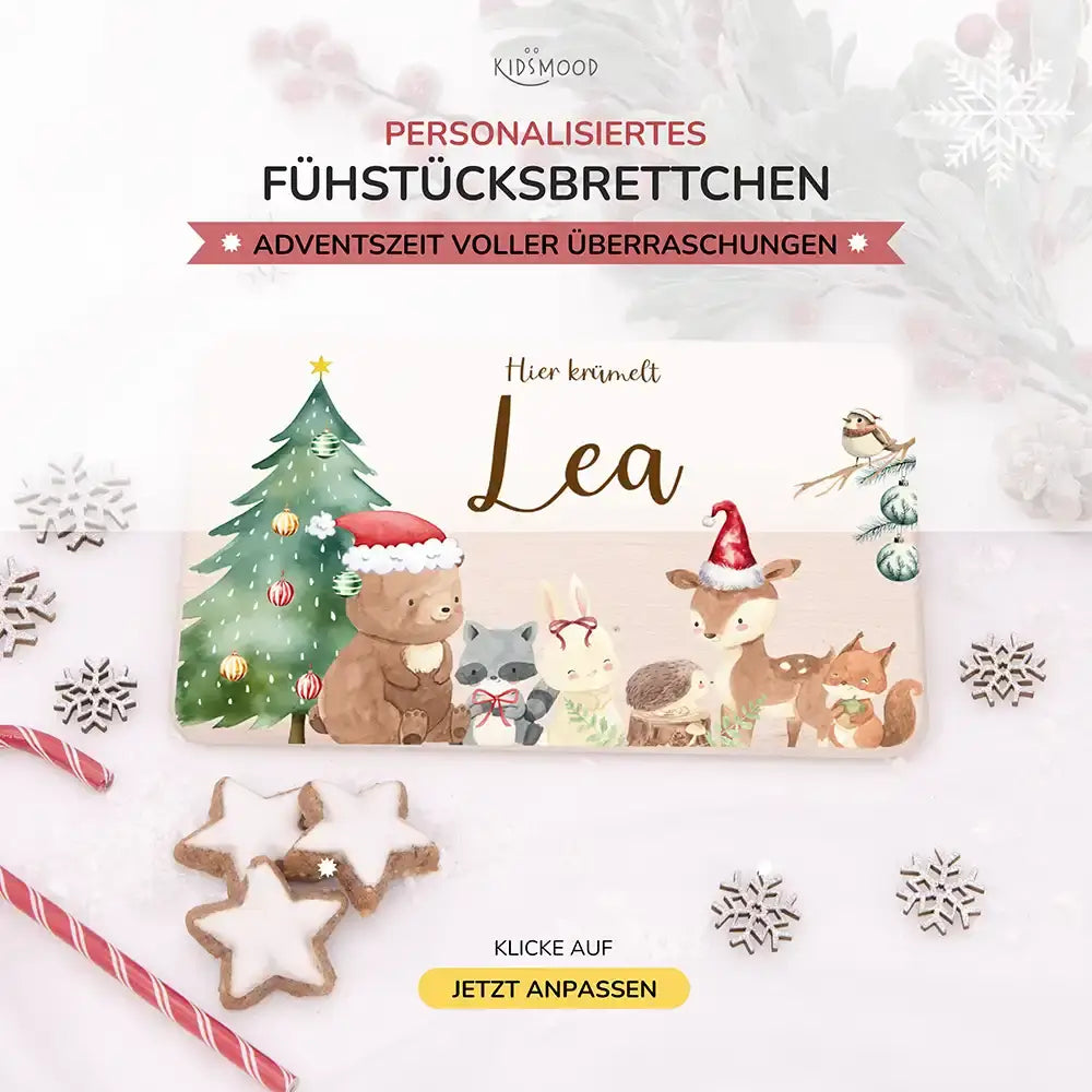Weihnachts-Set Frühstücksbrettchen + Emaille Tasse - niedliche Waldtiere