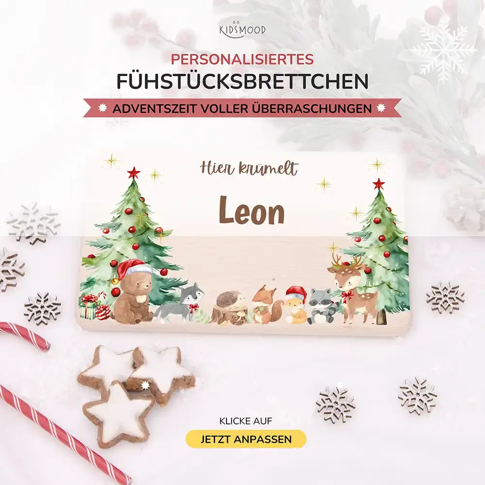 Weihnachts-Set Frühstücksbrettchen und  Emaille Tasse - Niedliche Waldtiere