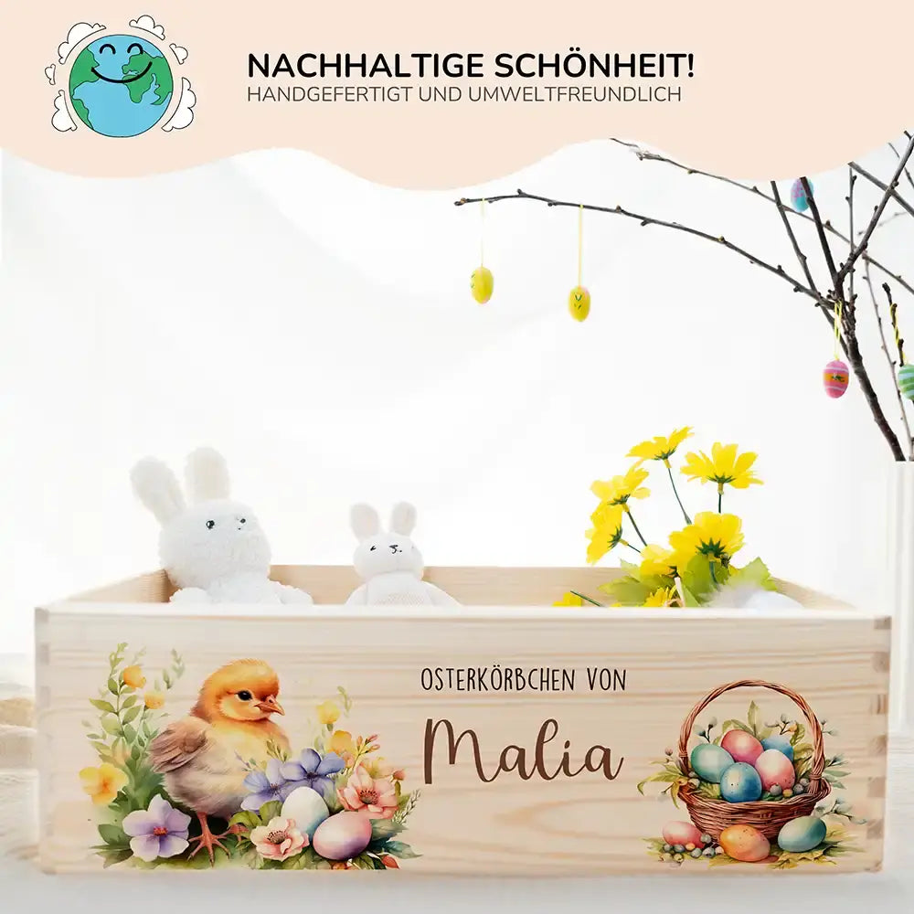 Osterkiste Holz personalisiert - Küken im Blumengarten
