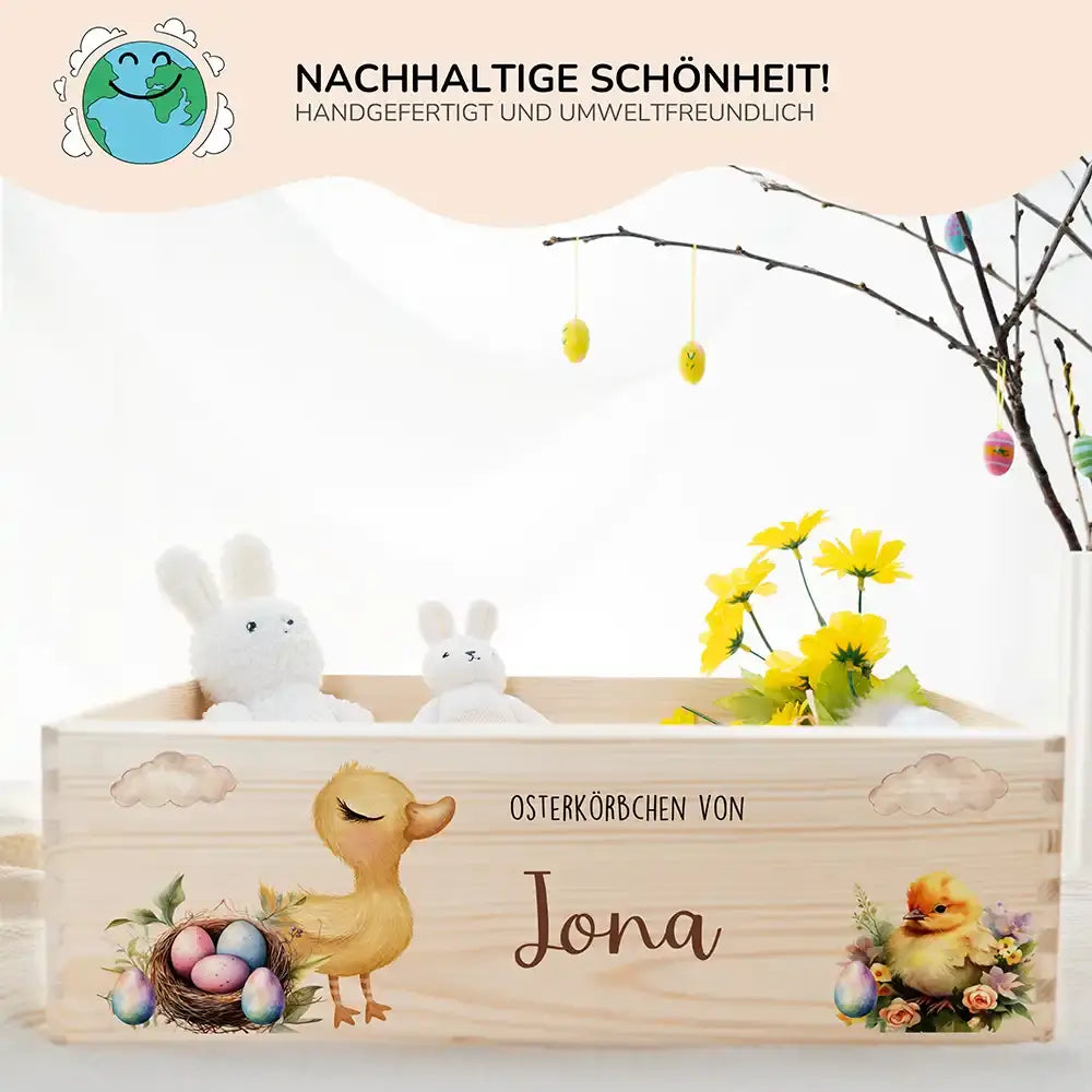 Osterkiste Holz personalisiert - Träumende Küken im Wolkenhimmel