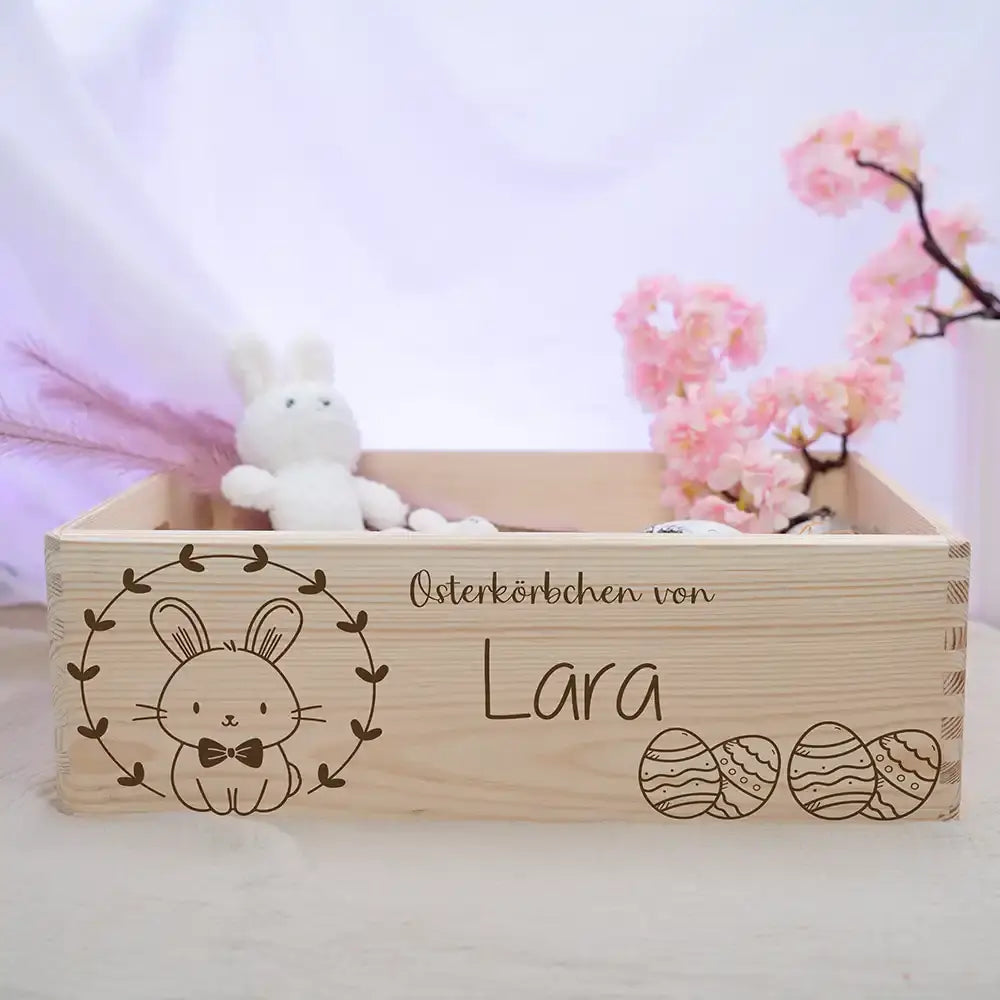 Osterkiste Holz personalisiert - Fliegen-Häschen
